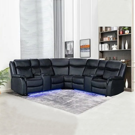 Pu Leather Corner Recliner Sofa Black With Led Lights